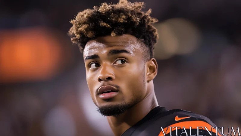 Football player looks to the side under stadium lights