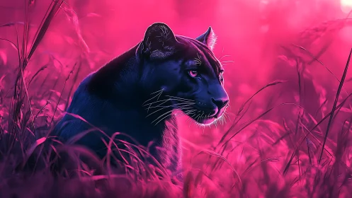 Neon Feline Hunter Emerges from Magenta Wilderness.