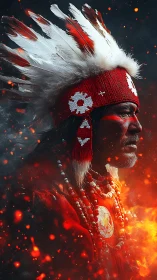 Digital warrior portrait with feathered headdress and fire.