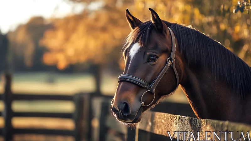 Photorealistic bay horse portrait in warm pastoral light.