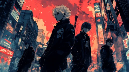 Urban anime gang under crimson neon city sky at night.