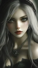 Silver haired woman with pendant stares directly forward