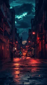 Moody wet alleyway with teal storm clouds and red neon glow.