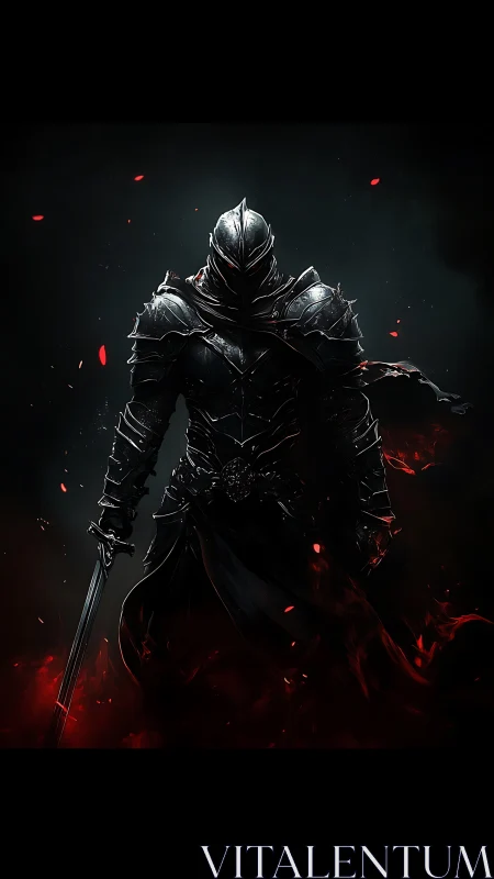Dark armored knight framed by glowing embers and shadow.