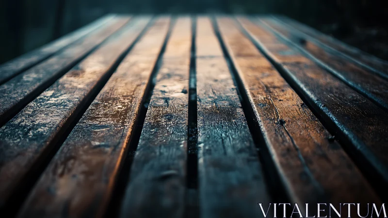 Warm evening light gently glows across a wet wooden table