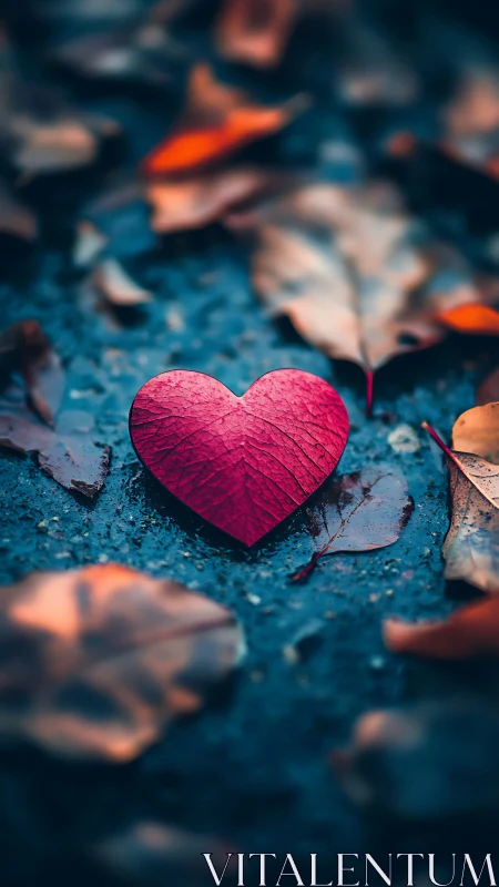 Pink heart-shaped leaf rests on textured teal stone surface.