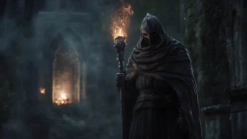 Hooded sentry holds flaming torch before ruined gothic archway
