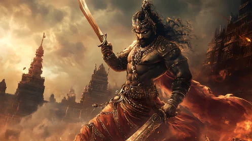 Mythic warrior strides through burning temple ruins.