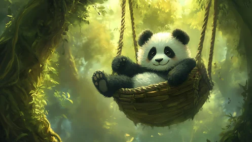 Panda daydreams in a leafy cradle of sunlit forest swing.