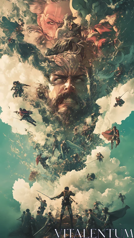 Colossal warrior faces storm of floating fighters in sky