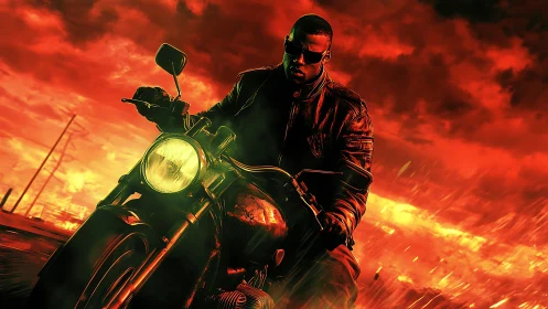 Motorcyclist in black leathers under cinematic red storm sky