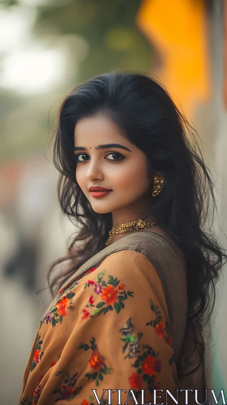Photorealistic portrait in shallow depth, floral sari styling.