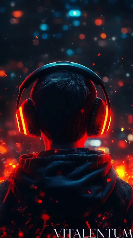 Immersed in neon sound, a quiet gamer lights the night.