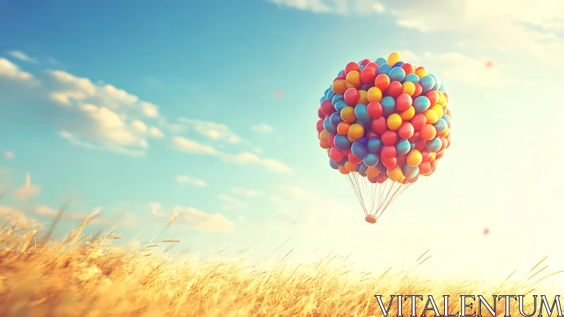 Color balloon cluster drifting over golden wheat field.