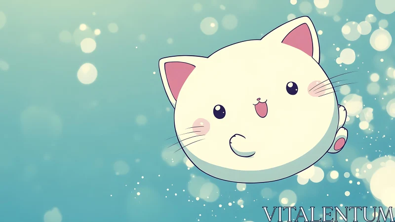 Bubble-round kitten drifts through teal sparkles of joy