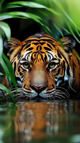 Stealthy tiger drinking at jungle water’s edge in focus.