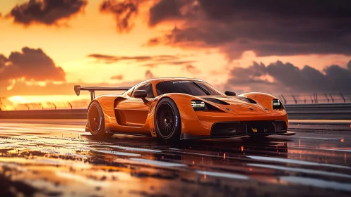 Orange track supercar on wet circuit at sunset scene.