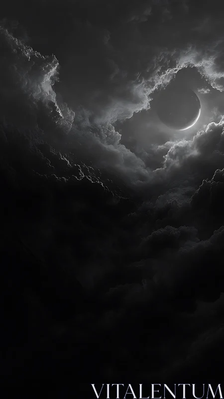 Lunar crescent framed by storm clouds in chiaroscuro digital art.