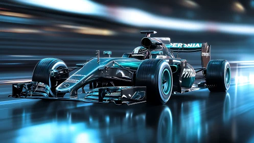 Formula race car blasts through neon-lit urban circuit.