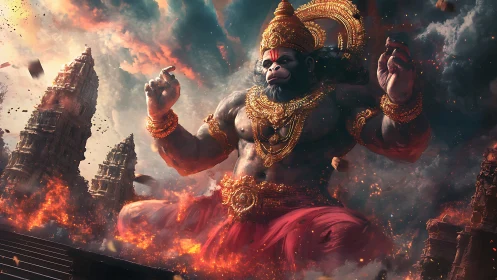 Colossal simian deity manifests amid burning temples and storm clouds