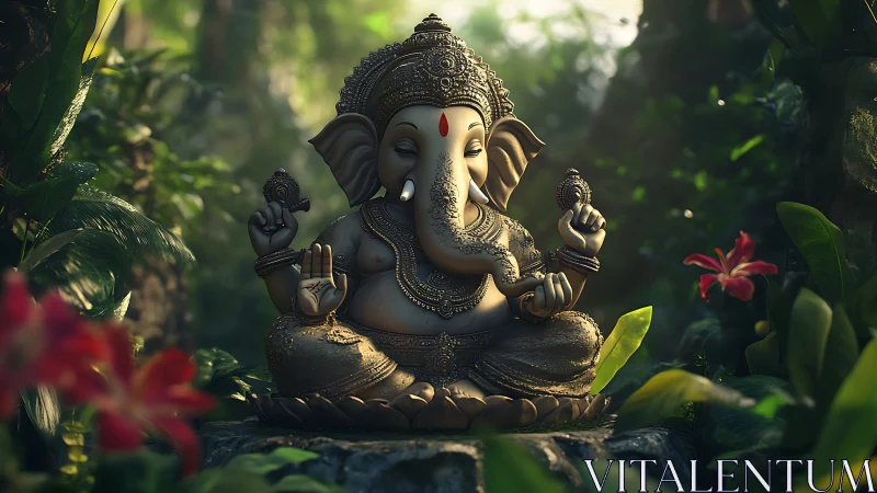 3D sculpted Ganesha idol in ornate bronze, forest dappled light