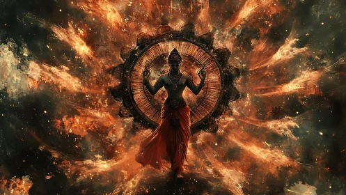 Cosmic multi-armed deity within radial fire vortex field.