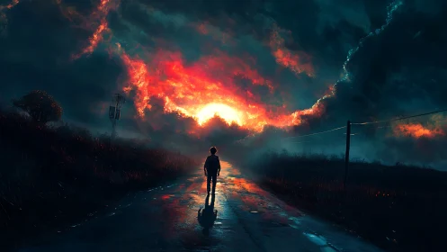 Silhouetted figure on rural road under vivid red sunset.