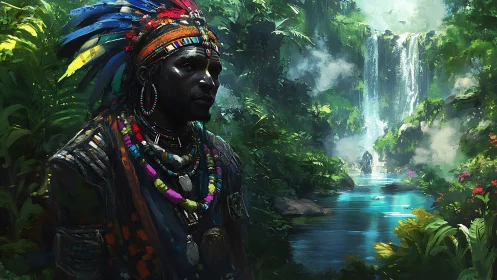 Indigenous shamanic figure in bioluminous jungle cascade scene.