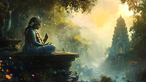 Meditating deity sits before sunlit temple in lush valley