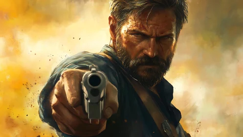 Bearded male figure aiming handgun in warm-toned setting.