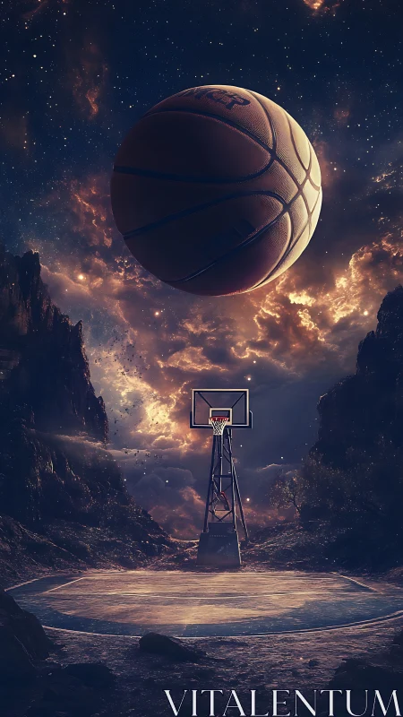 Cosmic basketball court under swirling nebula night sky.