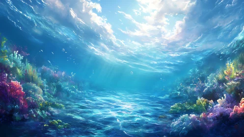 Sunlit underwater reef scene with clear blue ocean water.