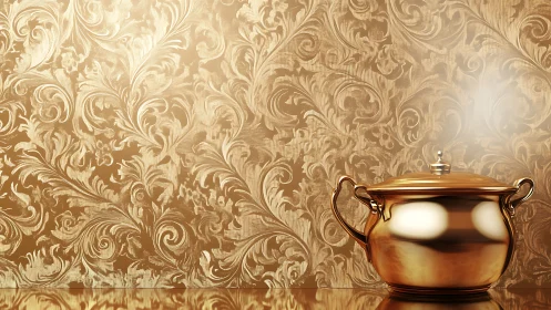 Gilded soup tureen hums quietly against swirling baroque gold