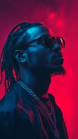 Neon rim lit male profile portrait with cyan red bicolor haze