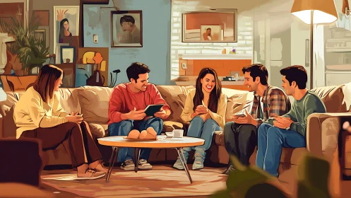 Digitally stylized living room scene with social devices cluster.