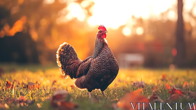 Rooster's Golden Hour Strut Through Autumn Meadow.
