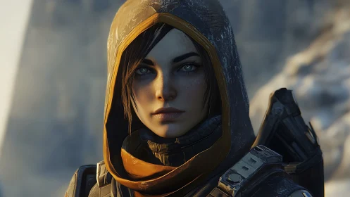 Hooded sci-fi sentinel rendered in high-detail digital portrait