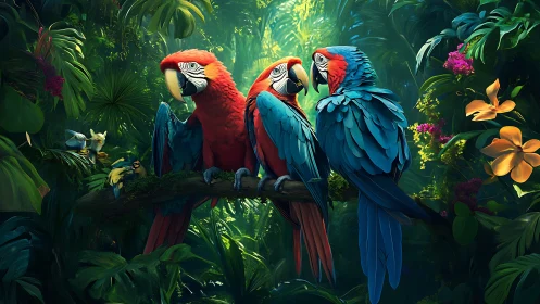 Scarlet and blue macaws perched in dense tropical rainforest