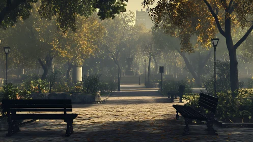 Morning hush braids golden mist through the quiet city park