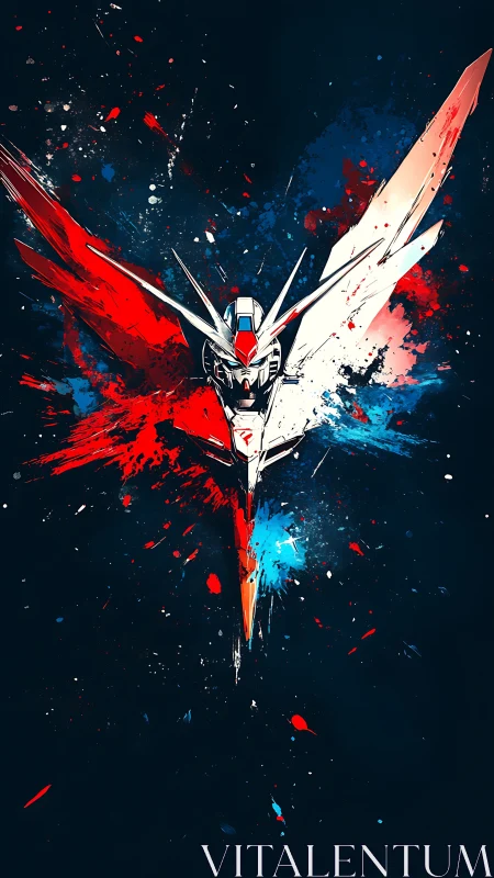 Mecha head with split red and blue abstract paint field.