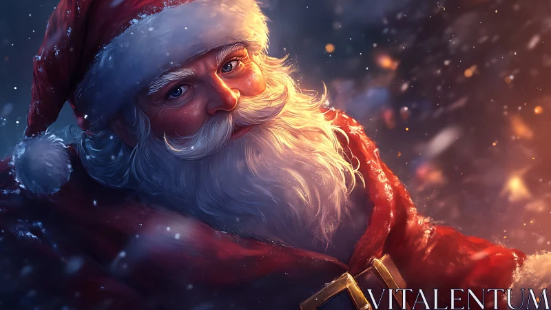 Warmly lit Santa Claus smiles through a swirling winter night