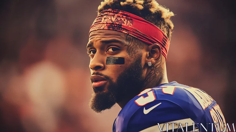 Sideline portrait of focused gridiron athlete under warm light.