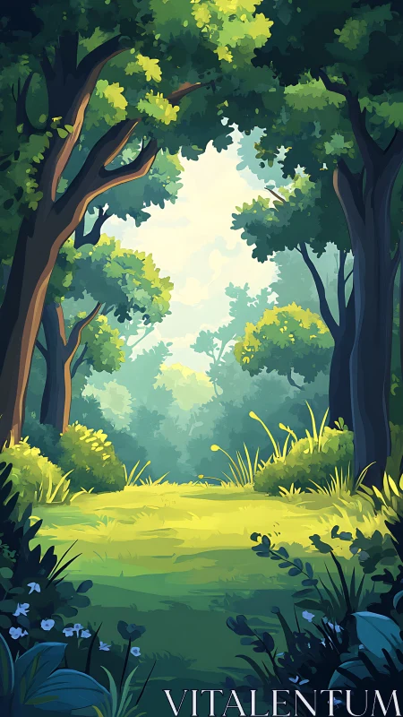 Luminous Forest Clearing With Ancient Trees.