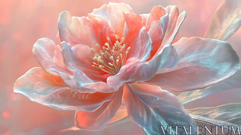 Iridescent peony bloom glows in soft pastel light.