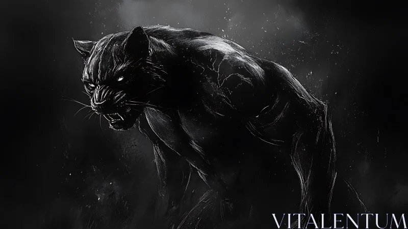 Midnight panther guardian poised in shadowy moonlit mist.