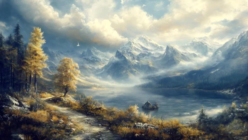 Golden mountain lake glows beneath drifting stormlit clouds