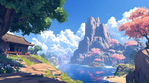 Mountain lake landscape with temple and cherry trees.