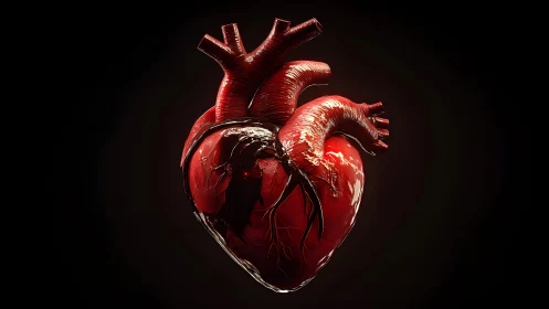 Realistic human heart illustration with dramatic lighting.