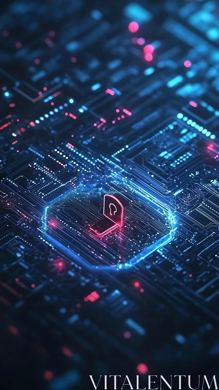 Cyber lock icon glows on stylized digital circuit board