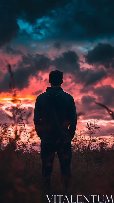 Silhouetted figure against cinematic dusk sky composition.